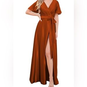 V-Neck Satin with Sleeves Wrap High Slit Long Formal Gown Dress